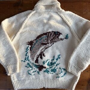 Vintage Cowichan Sweater XL Fish Salmon Talon Zip 60s 70s